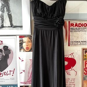 Strapless black satin maxi dress
